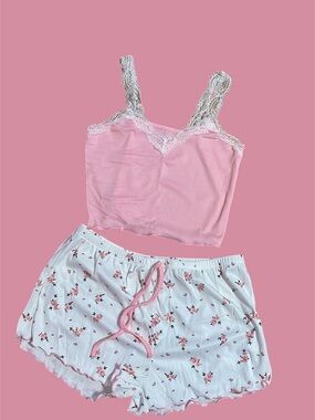 Women's Pink Lace-Trim Cami & Floral Sleep Short Set